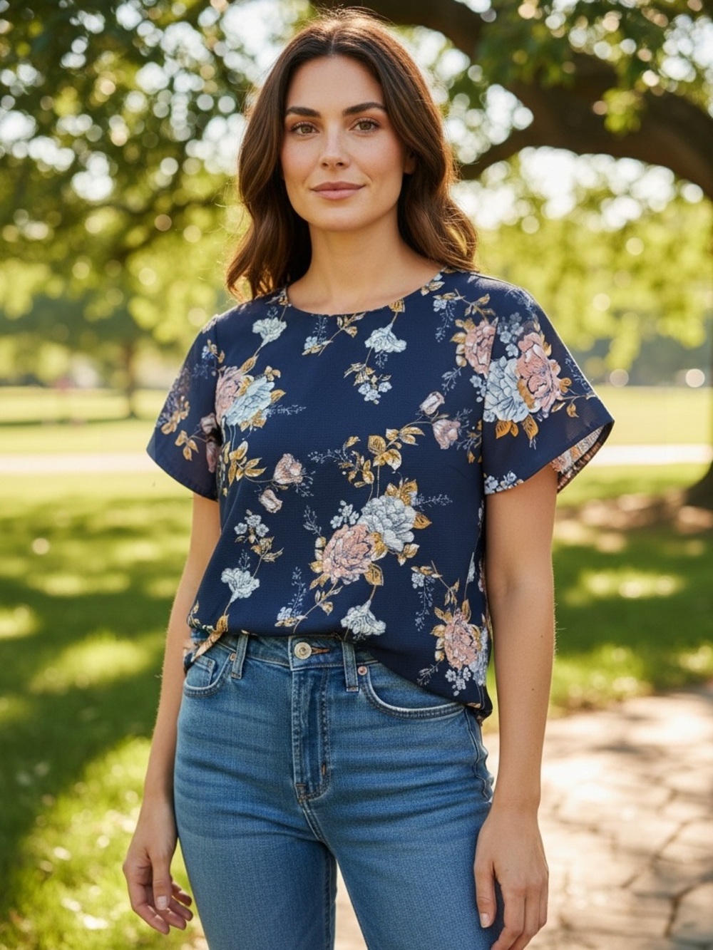 Rewind Navy Floral Tee with Pink and Mustard Blooms